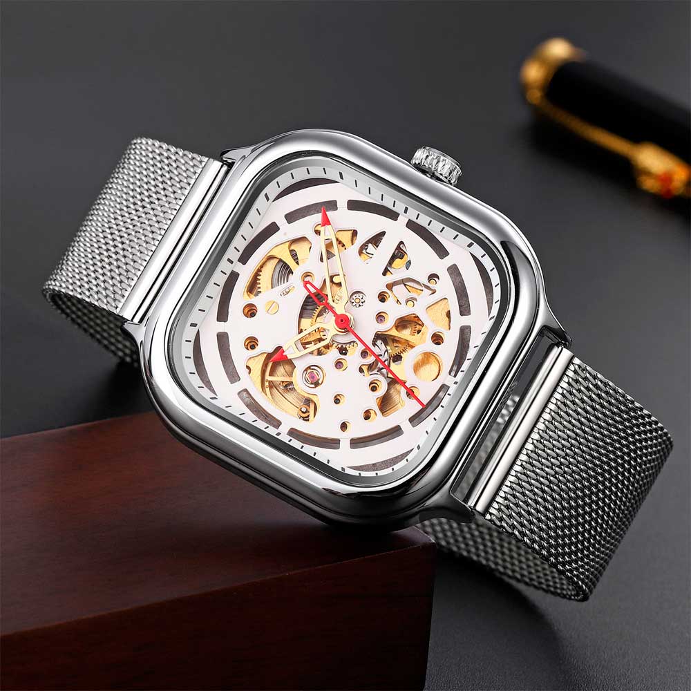 Men Automatic Mechanical Skeleton Watch with Square Case